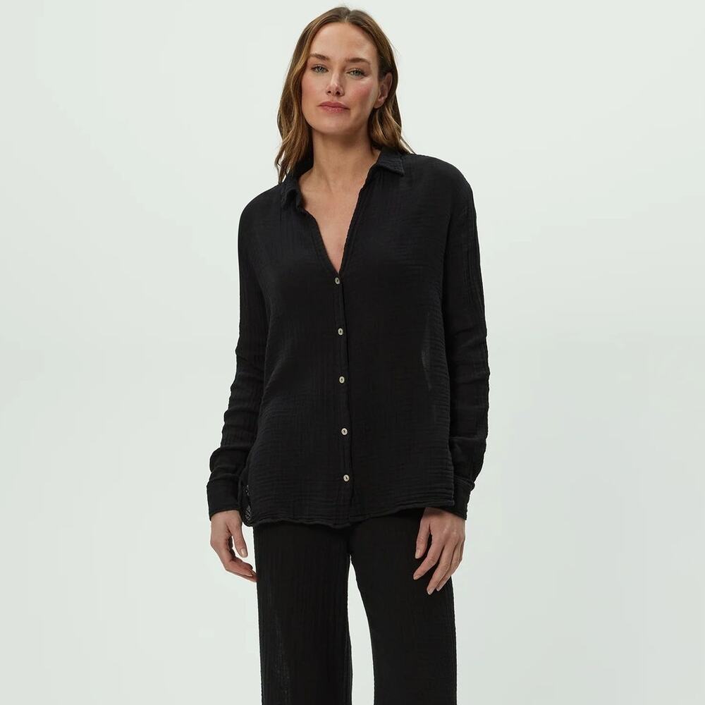 Michael Stars Leo Black Long Sleeve Gauze Button Down Shirt